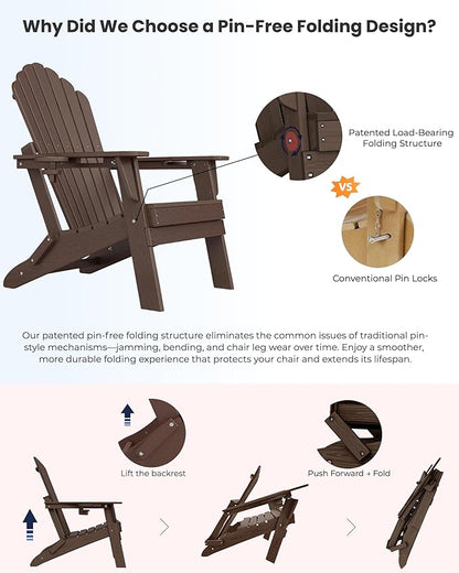 Oversized Adirondack Chair with Dual Cup Holders, Ergonomic High Back HDPE Fire Pit Chair, 380lbs Capacity All-Weather Outdoor Patio Lounge Chair for Garden, Deck, Yard - Coffee