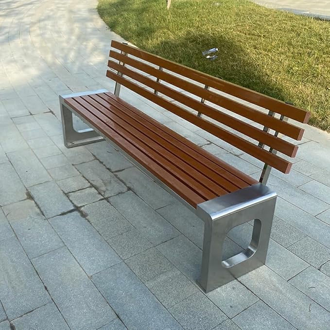 LITFAD Outdoor Indoor Bench Stainless Steel Metal Park Bench with Waterproof Brown Wood Seating Modern Garden Bench for Patio, Lawn, Yard, Porch - Type E 59" L x 16" W x 31" H