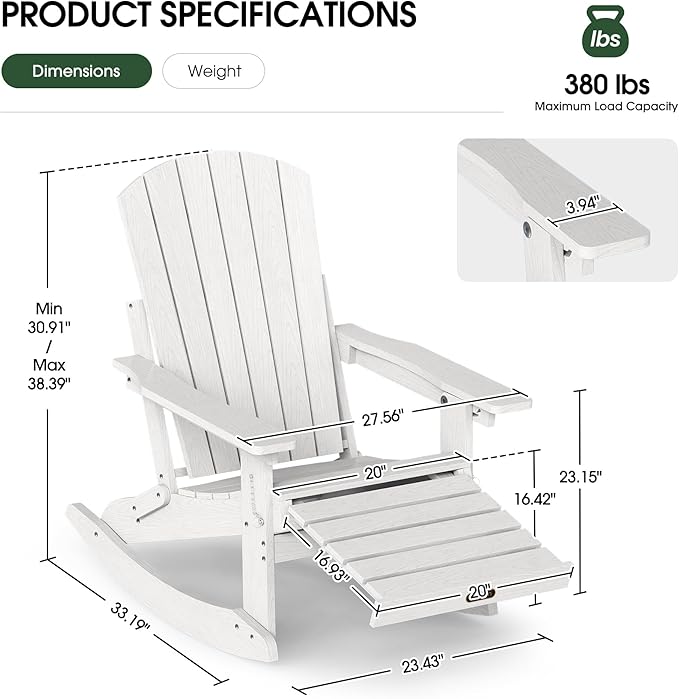 Adirondack Rocking Chair with Retractable Ottoman Set of 4, 4-in-1 Foldable Reclining Patio Chair, HDPE Wood-Look Outdoor Rocker for Porch, Garden & Poolside, White