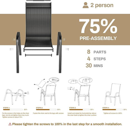 TLSUNNY Patio Chairs, Stackable Textilene Outdoor Dining Furniture for All Weather, with 17.7″ Wide Seat & Metal Frame, for Garden, Backyard, Deck, Restaurant, Poolside (4, Black, 26.4″)