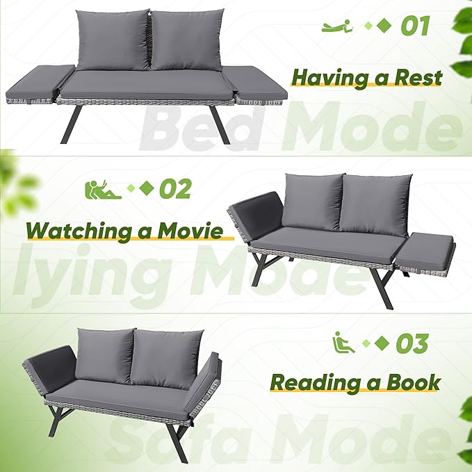 Greesum Outdoor Sofa, Woven Rattan Patio Furniture, Convertible Daybed or Double Chair with Adjustable Armrests - Photo 5