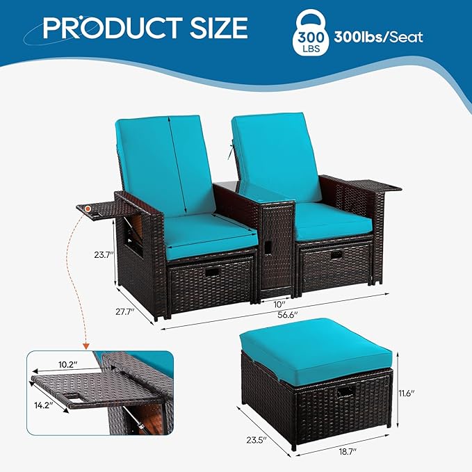 5PCS Outdoor Wicker Chaise Lounge Chair - Rattan Adjustable Reclining Patio Lounge Chair with Ottoman and Coffee Table, for Patio Beach Pool Backyard (Brown Wicker Turquoise Cushion)