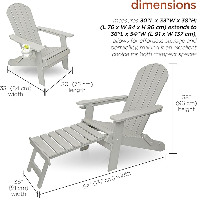 Alpine Corporation 38" H Outdoor Adirondack Folding Chair with Cup Holder and Ottoman, Classic Ergonomic Design, Patio Furniture and Accessories, Light Gray