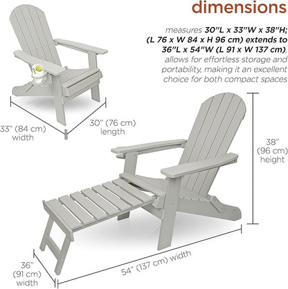 Alpine Corporation 38" H Outdoor Adirondack Folding Chair with Cup Holder and Ottoman, Classic Ergonomic Design, Patio Furniture and Accessories, Light Gray