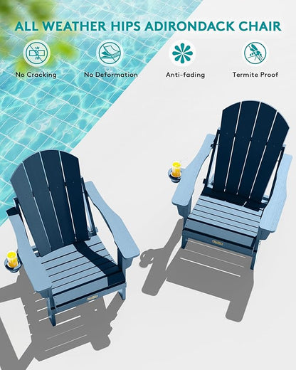 SERWALL Folding Adirondack Chair with Cup Holder Set of 2, All Weather Adirondack Chairs, Wooden Textured Fire Pit Chairs for Patio Garden Outdoors Fire Pit - Blue
