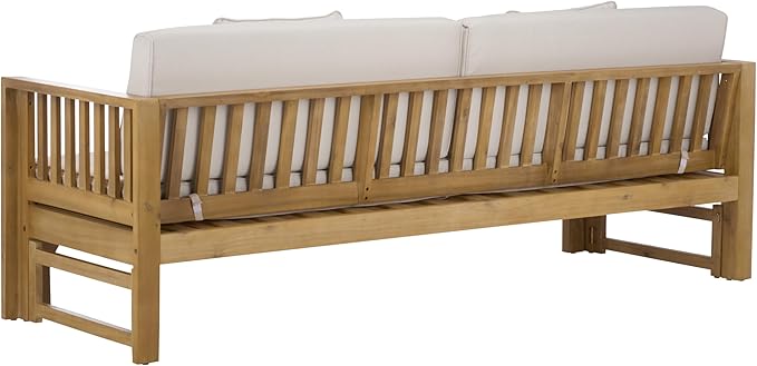 SAFAVIEH Outdoor Patio Furniture Collection - Napoli Oak Brown & Cream Solid Wood Bench Convertible Daybed with Cushions, Versatile Patio Seating (PAT6805B)