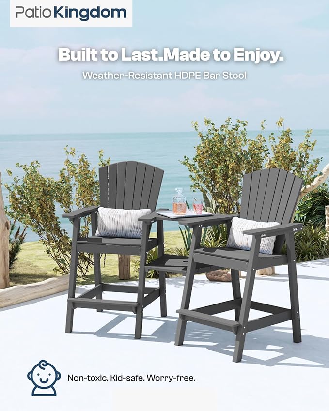 Grey HDPE Tall Adirondack Chair Set of 2 with Beige 11FT Cantilever Umbrella, All-Weather Outdoor Bar Height Chairs with Trays & Umbrella Hole for Balcony