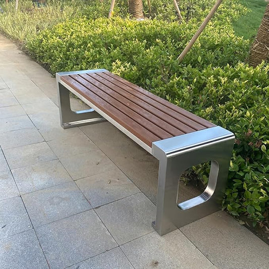 LITFAD Outdoor Indoor Bench Stainless Steel Metal Park Bench with Waterproof Brown Wood Seating Modern Garden Bench for Patio, Lawn, Yard, Porch - Type E 87" L x 16" W x 18" H