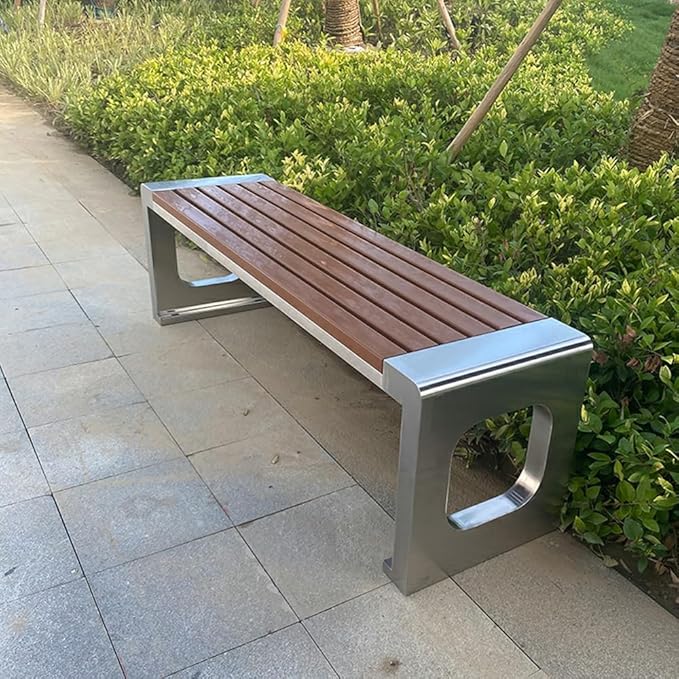 LITFAD Outdoor Indoor Bench Stainless Steel Metal Park Bench with Waterproof Brown Wood Seating Modern Garden Bench for Patio, Lawn, Yard, Porch - Type E 59" L x 16" W x 18" H
