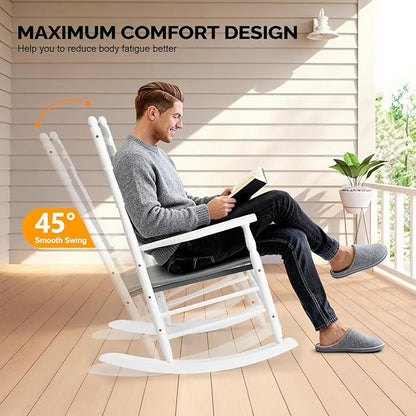 VINGLI Wooden Rocking Chair Outdoor, Patio Rockers with High Back, Support 450 LBS Rocking Chairs, for Porch, Patio, Balcony, Garden, Yard (White&Grey, 2 PCS)