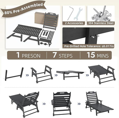 Mdeam 6-Position Lounge Chair Outdoor, 22" W Oversized Sun Tanning Chair, 500LBS Capacity, HDPE All-Weather Patio Lounge Chaise with Wheels Cup Holder for Pool Beach Backyard Lawn Deck, Dark Grey