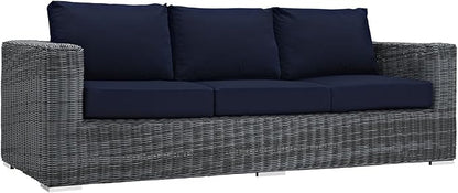 Modway EEI-1874-GRY-NAV Summon Wicker Rattan Outdoor Patio Sofa with Sunbrella Fabric Cushions, Canvas Navy