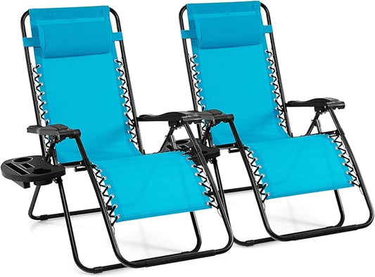 Giantex 2 PCS Zero Gravity Chair, Outdoor Chaise Lounge with Cup Holder, Patio Folding Chairs Recliner for Yard Pool Lawn Balcony, Blue