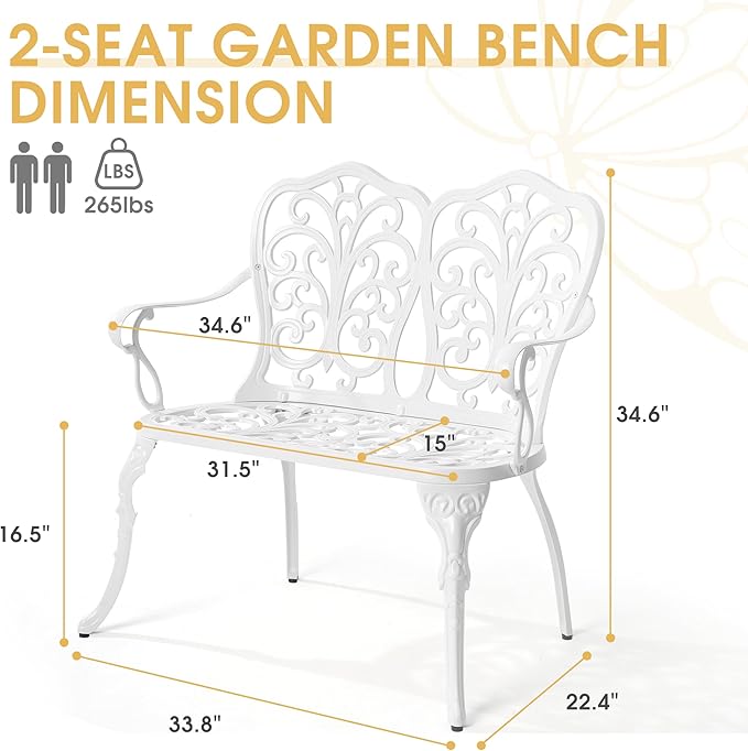 Outdoor Bench, Cast Aluminum Double Seating with Backrest and Armrests, Mental Outdoor Furniture for Patio, Porch, Garden, Park, White Butterfly