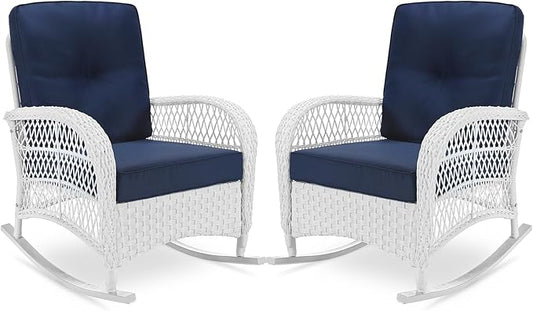 VIVIJASON 2 Piece Patio Wicker Rattan Rocker Chair, Outdoor Rattan Rocker Chair with Cushions & Steel Frame, All-Weather Rocking Lawn Wicker Furniture for Garden Backyard Porch (White/Navy Blue)