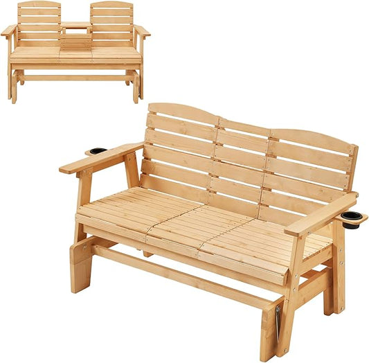 HOMREST Outdoor Glider Bench, Oversized Glider Bench with Foldable Seatback, Wooden Patio Glider Loveseat with High Back, Cupholders, Heavy Duty 800LBS Suitable for 3 Persons, Natural