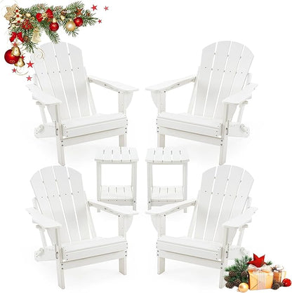 Folding Outdoor Adirondack Chairs Set of 4 with HDPE Side Tables-Plastic Weather Resistant Patio Chairs with Small Outdoor Side Tables 2 Storage for Patio,Fire Pit, Garden and Backyard
