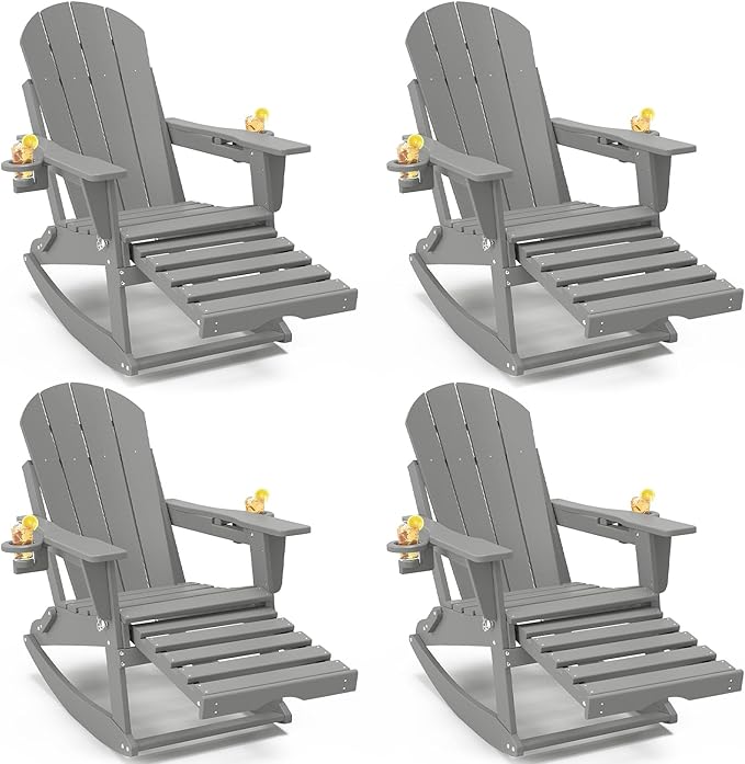 Adirondack Rocking Chairs Set of 4 with Retractable Ottoman, All Weather Folding Adirondack Chair with Two Cup Holders, Adirondack Outdoor Rocking Chairs for Porch, Patio, Balcony. White Grey