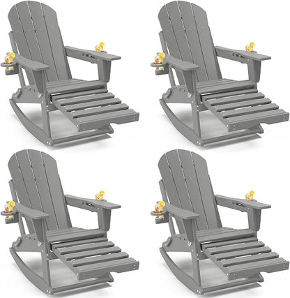 Adirondack Rocking Chairs Set of 4 with Retractable Ottoman, All Weather Folding Adirondack Chair with Two Cup Holders, Adirondack Outdoor Rocking Chairs for Porch, Patio, Balcony. White Grey