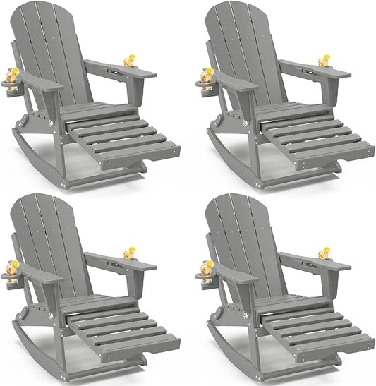 Adirondack Rocking Chairs Set of 4 with Retractable Ottoman, All Weather Folding Adirondack Chair with Two Cup Holders, Adirondack Outdoor Rocking Chairs for Porch, Patio, Balcony. White Grey