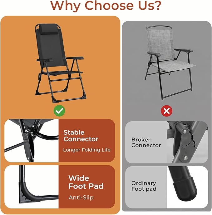 TLSUNNY Folding Patio Chairs Set of 4, Outdoor Lawn Chair w/ 5 Level Adjustable Teslin Back, Removable Headrest - Photo 4