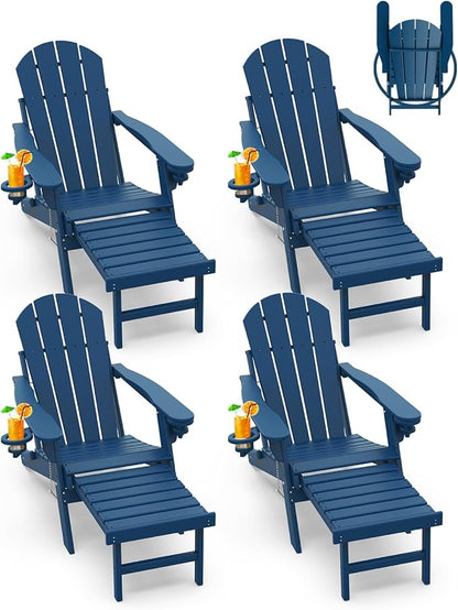 GREENVINES Adirondack-Chairs-with-Ottoman | Set of 4 | Folding | Retractable-Footrest | HDPE Plastic | All Weather Fire Pit Chair | Cup Holders | Blue | for Outdoor Poolside