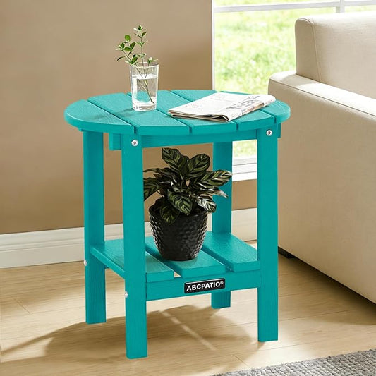 Outdoor Side Table Round - Patio Side Tables - HDPE Small Outdoor End Table for Backyard Pool Porch Balcony - Double Layer Storage - Turquoise (Wood Grain Finish)