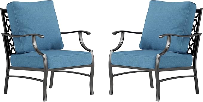 Metal Patio Chairs Set of 2 with 5.75" Extra Thick Cushion, 2 Pieces High Back Outdoor Patio Chairs All Weather Outdoor Furniture Seating for Deck Backyard Front Porch, Denim Blue