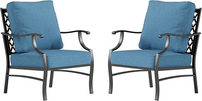 Metal Patio Chairs Set of 2 with 5.75" Extra Thick Cushion, 2 Pieces High Back Outdoor Patio Chairs All Weather Outdoor Furniture Seating for Deck Backyard Front Porch, Denim Blue