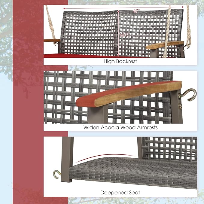 Tangkula 2-Person Outdoor Porch Swing with 118" Hanging Ropes, Patiojoy PE Wicker Patio Hanging Swing Bench with Soft Seat Cushion & 800 Lbs Weight Capacity, Suitable for Patio, Garden (Red)