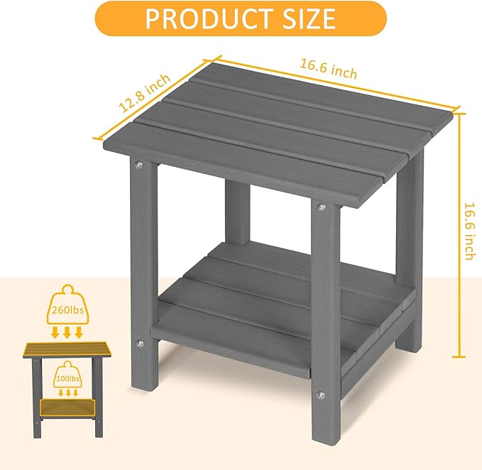 2 Tier Outdoor Side Table with Wood-Like Grain, 16.6" HDPE Adirondack Table Patio Side Table, Weather Resistant End Table for Pool, Patio & Porch, Small Outdoor Table (Grey, Rectangle)