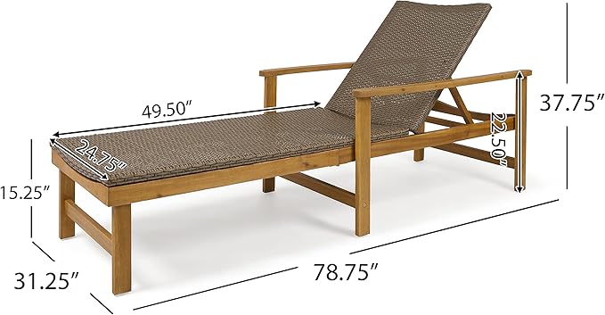 Great Deal Furniture Kyle Outdoor Rustic Acacia Wood Chaise Lounge with Wicker Seating, Natural and Mixed Mocha