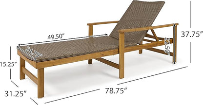 Great Deal Furniture Kyle Outdoor Rustic Acacia Wood Chaise Lounge with Wicker Seating, Natural and Mixed Mocha