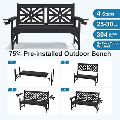 Oversized Outdoor Bench Set of 2, 51.5” HDPE Aesthetic Garden Bench with Cup Holders, Memorial Benches - Easy Assembly & All Weather, for Porch & Patio, 800lbs Load Capacity (Black)