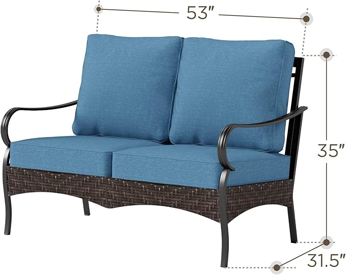 PHI VILLA Wicker & Metal Outdoor 2-Seat Patio Couch, Patio Sofa Loveseat with Deep Seating for Front Porch, Deck - Photo 2