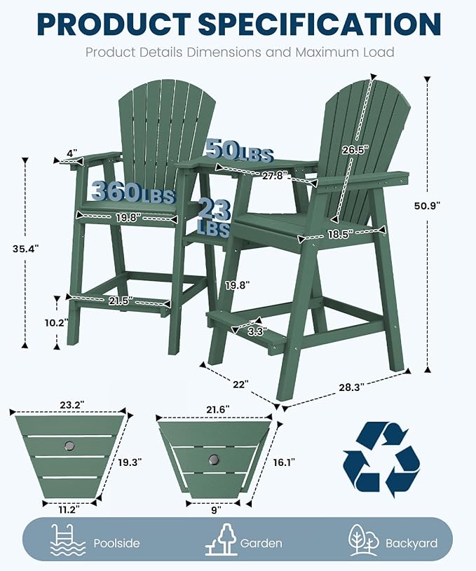 FOOWIN Tall Adirondack Chair Set of 2, All Weather HDPE Bar Height Adirondack Chair with Double Connecting Trays, Adirondack Barstools for Balcony, Deck, Backyard, Patio, Garden Dark Green
