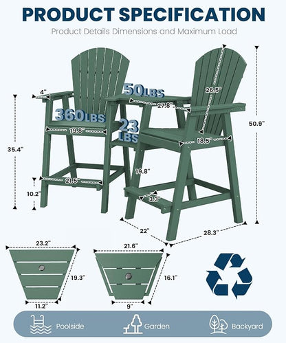 FOOWIN Tall Adirondack Chair Set of 2, All Weather HDPE Bar Height Adirondack Chair with Double Connecting Trays, Adirondack Barstools for Balcony, Deck, Backyard, Patio, Garden Dark Green