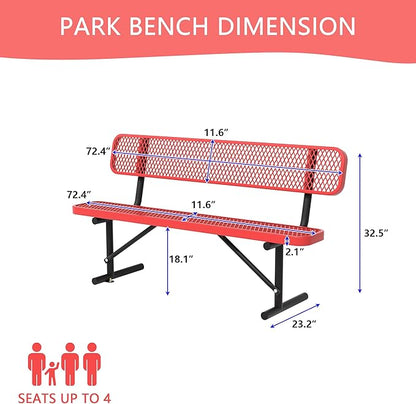 4/6/8 Feet Park Bench for Outside Heavy Duty Metal, Garden Benches Outdoor Bench with Backrest & Portable Frame, for Shopping Malls Stores Parks Patios Decks, Red