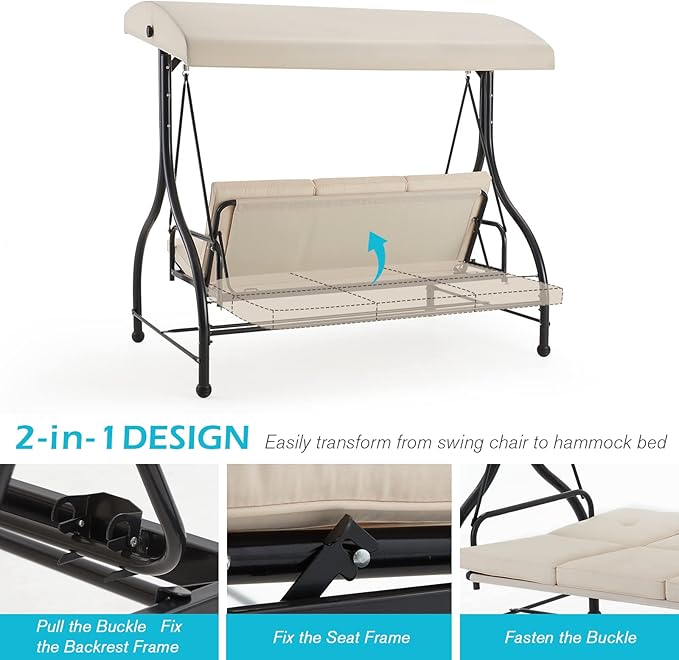 AECOJOY Porch Swing Chair, 3 Seats Porch Swing Adjustable Canopy Outdoor Swing with Stand Patio Swing Bed with - Photo 4