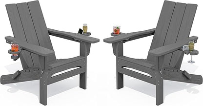 SERWALL Outdoor HDPE Adirondack Chair Set 2，Folding Adirondack Chair with Cup Holders, All Weather Resistant Modern Adirondack Chair, Gray
