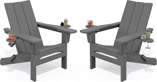 SERWALL Outdoor HDPE Adirondack Chair Set 2，Folding Adirondack Chair with Cup Holders, All Weather Resistant Modern Adirondack Chair, Gray