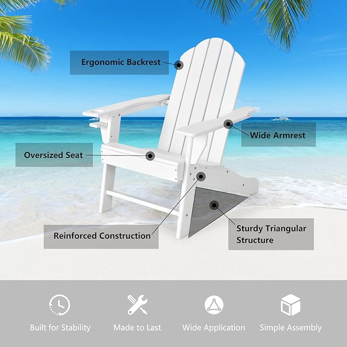 Tangkula Adirondack Chair Outdoor, Fade Resistant HDPE Armchairs with Cup Holder, Weather Resistant Lounger Chairs for Patio Garden Backyard Deck, Lawn Porch Seating, Adirondack Lounger (1, White)