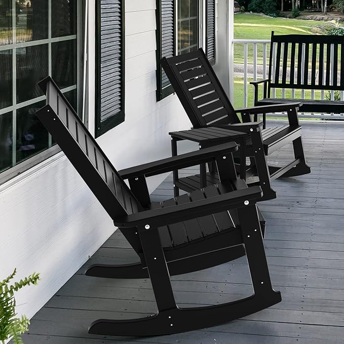 GREENVINES Outdoor Rocking Chairs | Set of 4 | Porch Rocker | HDPE Plastic | Black | Oversized Rockers | High Back - Photo 5