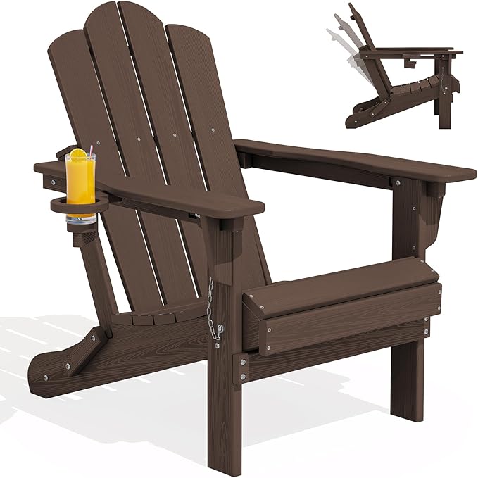 KINGYES Folding Adirondack Chair, 3-Position Adjustable Reclining Adirondack Chairs with Cup Holder, HDPE All-Weather Oversized Adirondack for Outdoor, Patio, Backyard Deck, Fire Pit, Brown