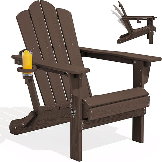 KINGYES Folding Adirondack Chair, 3-Position Adjustable Reclining Adirondack Chairs with Cup Holder, HDPE All-Weather Oversized Adirondack for Outdoor, Patio, Backyard Deck, Fire Pit, Brown