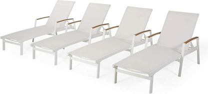 Teresa Outdoor Aluminum Chaise Lounge with Mesh Seating (Set of 4), White