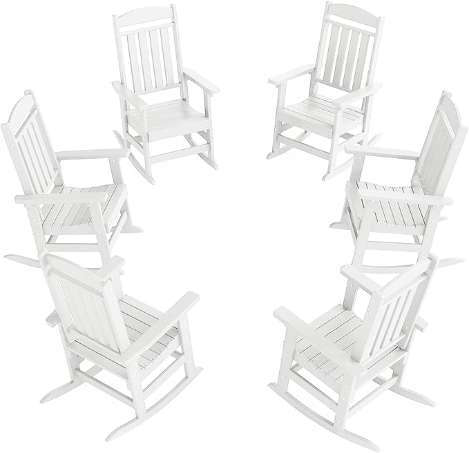 Outdoor Rocking Chairs Set of 6, Oversized High Back Patio Rocking Chairs, All Weather Porch Rocking Chairs for Outside. White
