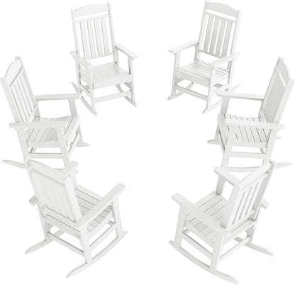 Outdoor Rocking Chairs Set of 6, Oversized High Back Patio Rocking Chairs, All Weather Porch Rocking Chairs for Outside. White