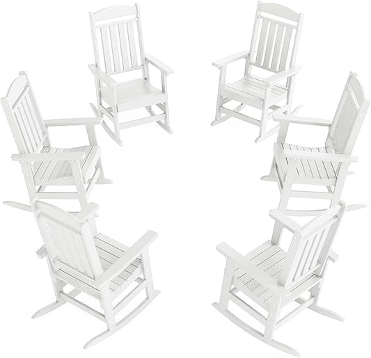 Outdoor Rocking Chairs Set of 6, Oversized High Back Patio Rocking Chairs, All Weather Porch Rocking Chairs for Outside. White