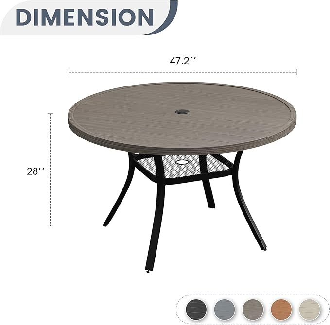 VICLLAX Round Patio Dining Table for 4-6, Outdoor Metal Dining Table with Umbrella Hole for Deck Lawn Garden Backyard, 47.2" Grey